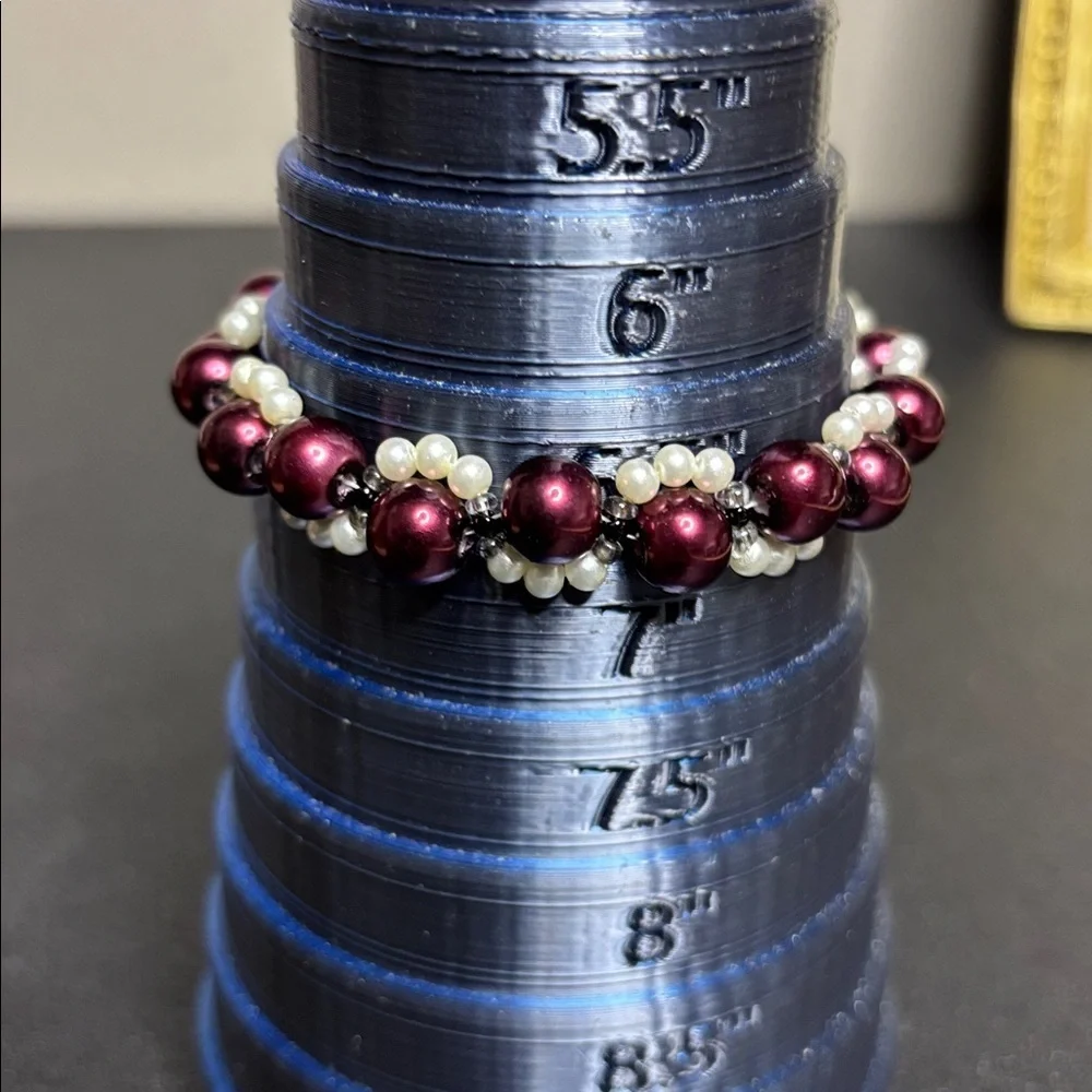 Elegant Faux Pearl and Burgundy Beaded Bracelet Silver Tone